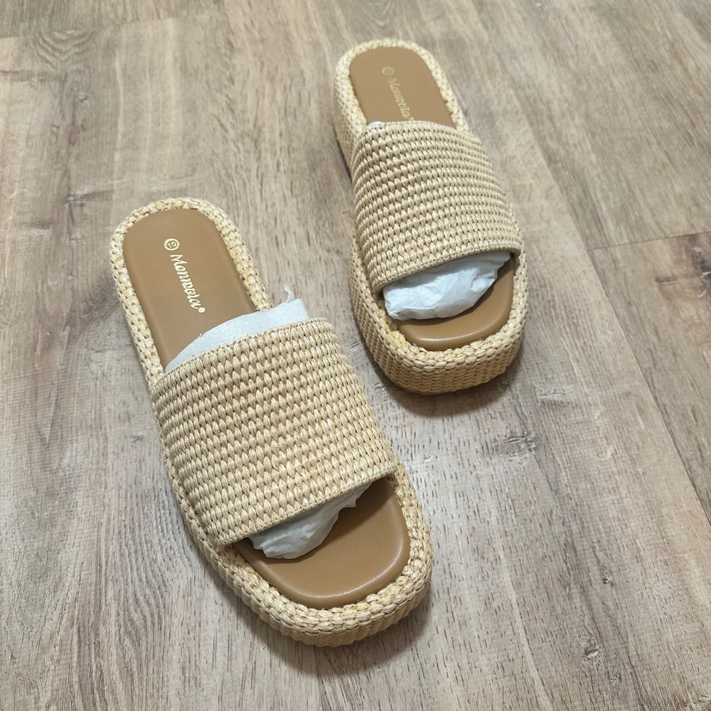 Monrovia | NEW Nude Beige Woven Raffia Chunky Platform Slide Sandals, Size 10